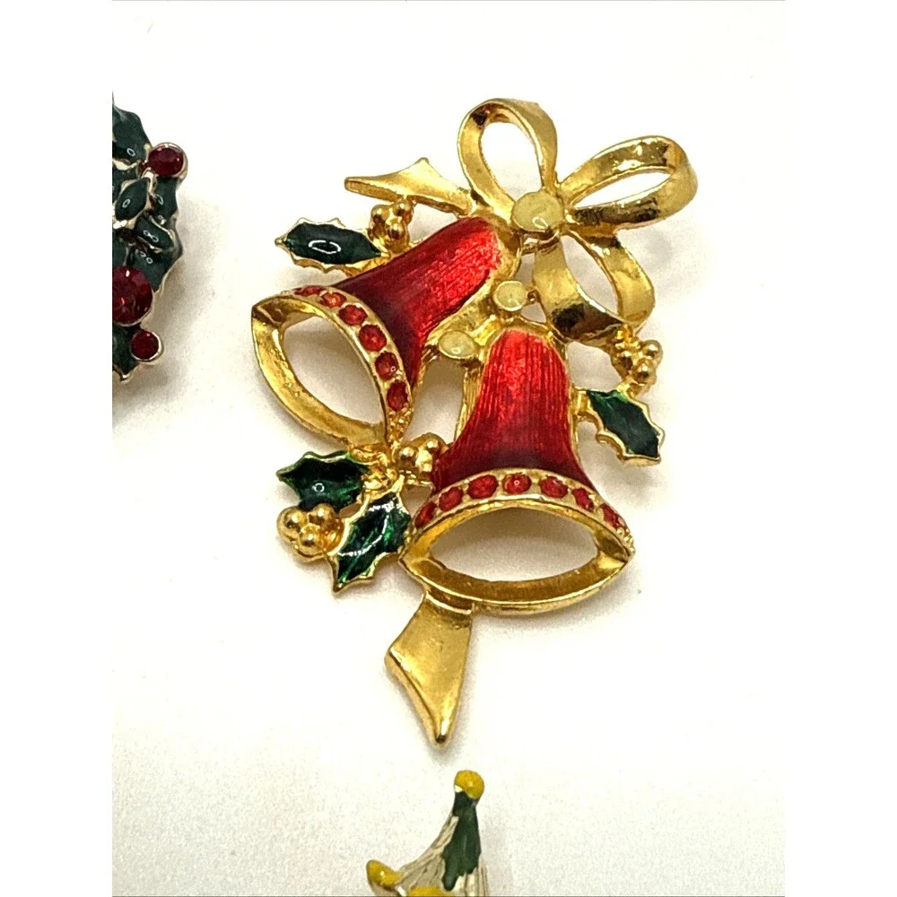 Vintage Rhinestone Enamel Christmas Brooches Trees Bells Wreaths Stockings 12 Pc